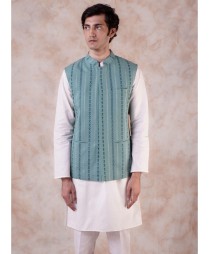 Green printed nehru jacket